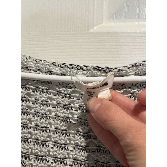 Helmut Lang Sweater Open Knit Long Sleeve Black White Grey Wide Neck Pullover L - Picture 4 of 15